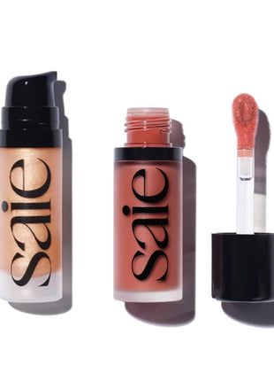 Saie Mini Glowy Super Gel Lightweight llluminator & Makeup Primer - Sunglow (0.5 oz) + Dew Blush - Lightweight Liquid Blush with a Blendable + Buildable Cream Finish - Cutie (.40 oz)