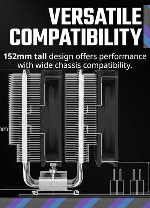 Cooler Master Hyper 620S Dual Tower ARGB CPU Air Cooler, 120mm PWM Fan, 6 Heat Pipes, Silver Nickel-Plated Copper, 154.9mm Tall, AMD Ryzen AM5|AM4, Intel LGA 1851|1700|1200 Brackets