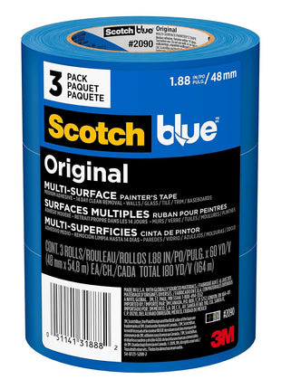 ScotchBlue Original Multi-Surface Painters Tape, 2 Inch Wide (1.88 In. x 60 Yds), 3 Rolls, Blue Paint Tape Protects Surfaces and Removes Easily, Masking Tapes for Indoor and Outdoor Use (2090-48EP3)