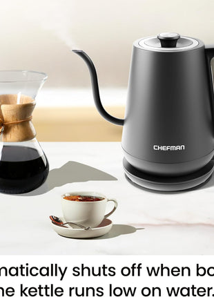 Chefman Gooseneck Electric Kettle, 0.8L Pour Over Tea Kettle for Coffee and Tea, One-Touch Operation, Boil-Dry Protection, Auto Shut-Off, Ultra-Fast Hot Water Boiler – Black