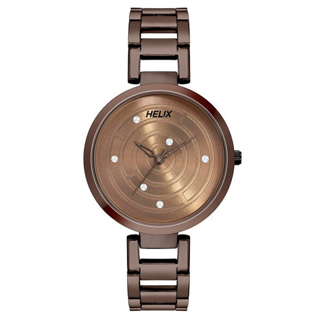 Helix by Timex Analog Watch for Women with Rose Gold Round Dial & Brown Stainless Steel Bracelet Band Water Resistant Women's Wrist Watches - TW054HL05