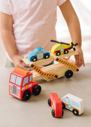 Melissa & Doug Emergency Vehicle Carrier Wooden Truck with 4 Rescue Vehicles
