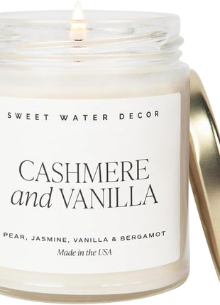 Sweet Water Decor Cashmere & Vanilla Candle, 9oz Clear Glass Jar | Jasmine, Soft Cashmere, Sandalwood & Vanilla Scented Soy Wax Candle, Gold Lid, 40+ Hour Burn Time, Poured in USA