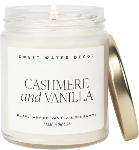 Sweet Water Decor Cashmere & Vanilla Candle, 9oz Clear Glass Jar | Jasmine, Soft Cashmere, Sandalwood & Vanilla Scented Soy Wax Candle, Gold Lid, 40+ Hour Burn Time, Poured in USA