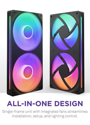 NZXT F240 RGB Core - 240mm Single-Frame RGB Fan Unit - Black | 240mm single-frame unit with two 120mm RGB fans on one cable. Speed and lighting controlled through CAM.