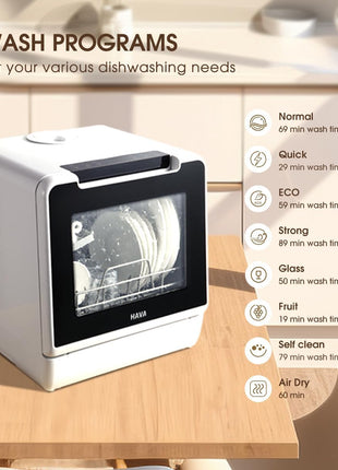 HAVA Countertop Dishwasher, 8 Wash Programs NEW Upgraded Model Portable Dishwasher with Child Lock & Delayed Start Function, 5L Water Tank for Apartments, Dorms, and RVs - No Hookup Needed