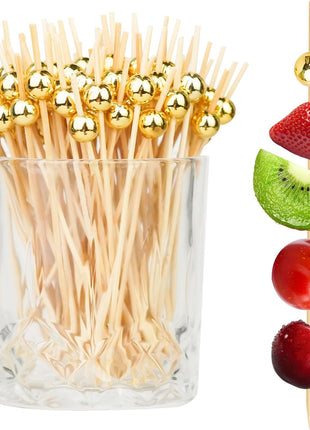 200PCS Cocktail Picks, Fancy Toothpicks for Appetizers, Decorative Skewers for Appetizers Drinks Party Fruit, 4.7 Inch Long Wooden Bamboo Gold Ball Food Sticks Charcuterie Boards Accessories