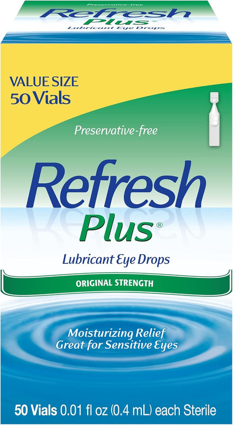 Refresh Plus Lubricant Eye Drops, Preservative Free, 0.01 Fl Oz Single Use Containers, 50 Count, Packaging May Vary