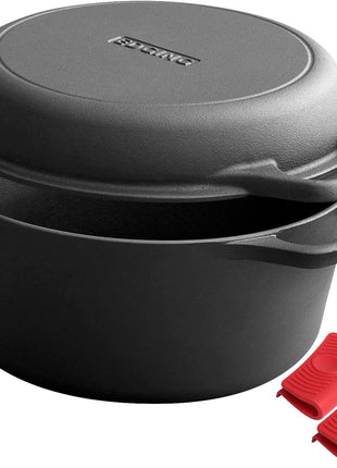 EDGING CASTING 2-in-1 Pre-Seasoned Cast Iron Dutch Oven Pot with Skillet Lid Cooking Pan, Cast Iron Skillet Cookware Pan Set with Dual Handles, Indoor Outdoor for Bread/Frying/Baking/Camping/BBQ, 5 Qt
