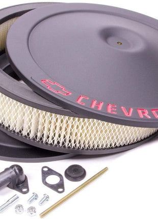 ProForm Air Cleaner Assembly, Classic, 14 in Round, 3 in Element, 5-1/8 in Carb Flange, Drop Base, Red Chevrolet Logo, Steel, Black Crinkle, Kit