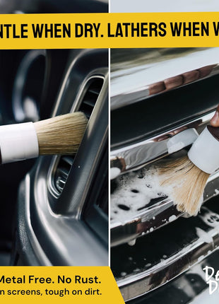 Car Detailing Brush Set 3-pc - Scratch-Free Boars Hair for Interior and Exterior Work - Pro Quality Car Cleaning Brush Kit for Leather Seats, Dashboards, Wheels, Grills and Paint