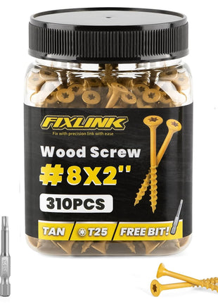 Wood Screws 2 Inch, FIXLINK Deck Screws #8 x 2, 310pcs, Epoxy Coated, T25 Star Bit Above 1500 Hour Salt Spray Coating Outdoor Decking Screws Excellent Rust Resistant for Outdoor Wood Fence