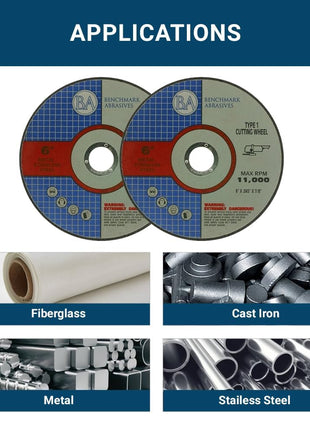 Benchmark Abrasives 6 Inch Aluminum Oxide Thin Type 1 Grinder Cut Off Wheels for Metal and Stainless Steel .045 inch Thick 7/8 inch Arbor, Angle Grinder Cutting Disc, Grinding Cutting Wheel - 25 Count