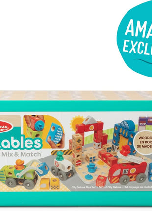 Melissa & Doug BlockablesTM Deluxe City Snap and Play, Mix and Match Connectable Wooden Building Blocks Set with Storage Bin and Play Lid (122 Pcs) Ages 2 to 7- FSC Certified