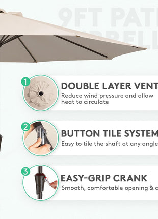JEAREY 9FT Outdoor Patio Umbrella Outdoor Table Umbrella with Push Button Tilt and Crank, Market Umbrella 8 Sturdy Ribs UV Protection Waterproof for Garden, Deck, Backyard, Pool (Beige)