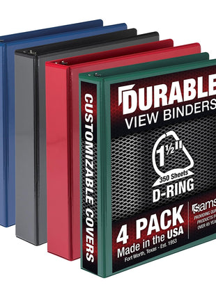 Samsill Durable 1.5 inch 3 Ring Binder, D Ring Binder, 100% Recycled Chipboard, Basis Assortment, 4 Pack