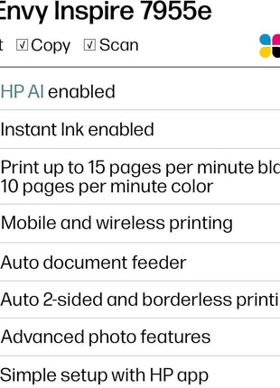 HP Envy Inspire 7955e Wireless Color Inkjet Printer, Print, scan, copy, Easy setup, Mobile printing, Best-for-home, 3 month Instant Ink trial included, AI-enabled (1W2Y8A)