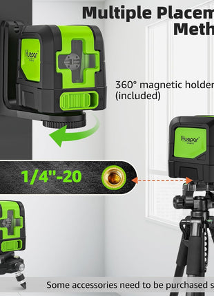Huepar Laser Level, 100Ft Self Leveling Green Cross Line Laser for Picture Hanging, Tile, Decoration & DIY Construction – 360° Magnetic Base & AA Battery, Indoor Use