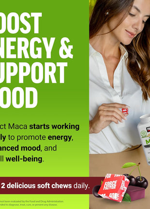 Force Factor Perfect Maca, Maca Root & DIM Supplement with Saffron | Boost Energy and Mood, with Yellow and Black Maca, Vitamins, Minerals, and Antioxidants, Dark Cherry Flavor, 60 Soft Chews