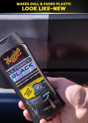 Meguiar's Ultimate Black Plastic Restorer, Durable Car Restorer for Faded Black Plastic, Vinyl, and Rubber, Restores Deep Color and Shine, for Car Guys, 12 Oz