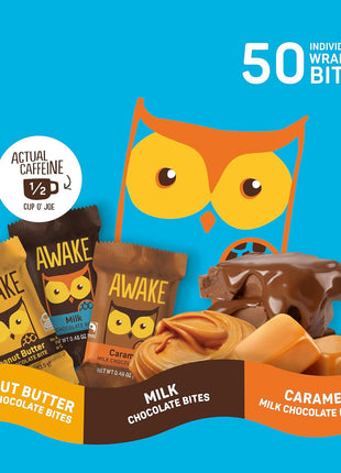 AWAKE - Caffeinated Chocolate Bites - 50mg Caffeine - Variety Pack (3 Flavors), 50 Bites - Peanut Butter, Milk, & Caramel - Energy Bites - Coffee Alternative - Fairtrade, Gluten Free, Non GMO - 0.48oz
