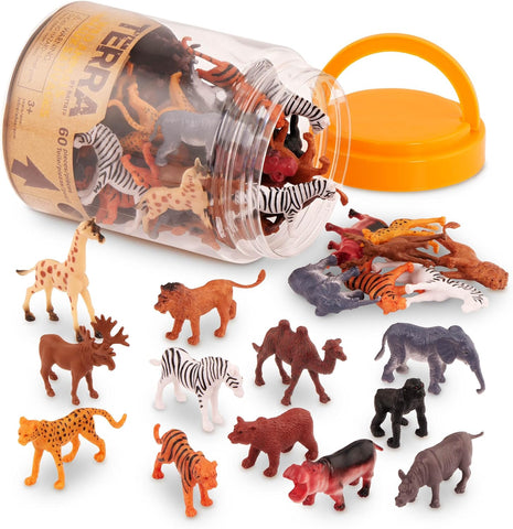 Terra by Battat Wild Animal Figurines Tube, 60 Mini Safari Figures, Animals | 60 realistic mini wild animal figures in a portable tube for pretend play, crafts, dioramas, sensory bins, Animals, 3+ Years