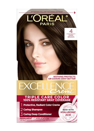 L'Oreal Paris Excellence Crème Permanent Hair Dye, Triple Care Hair Color with Hyaluronic Acid for 100% Gray Coverage, 4 Dark Brown, 1 Kit (Packaging May Vary)