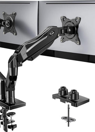 HUANUO FlowLiftTM Dual Monitor Stand, Fully Adjustable Gaming Monitor Desk Mount for 13–32′′ Computer Screens, Full Motion VESA 75x75/100x100 with C-Clamp & Grommet Base, Each Arm Holds 4.4 to 19.8 lbs