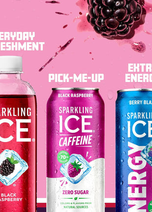 Sparkling Ice Caffeine Black Raspberry Sparkling Water with Caffeine, Zero Sugar, with Antioxidants and Vitamins,16 fl oz Cans (Pack Of 12)