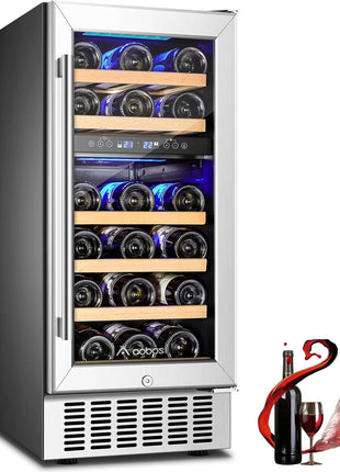 AAOBOSI 24 Inch Dual Zone Wine and Beverage Cooler,19 Bottles & 88 Cans Upgraded Wine Fridge,Built-in and Freestanding,Removable Fashion Wooden Frame,Intelligent Digital Temperatrue Control,Low Noise