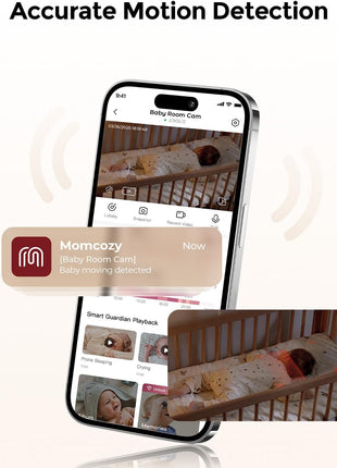 Momcozy Smart Baby Monitor, 2K HD Contact-Free Baby Camera, Table & Floor Stand, AI-Powered Notifications for Cry & Sound & Motion, Sleep Activity Log, 2-Way Audio, Night Vision, 2.4/5GHz WiFi, BM08