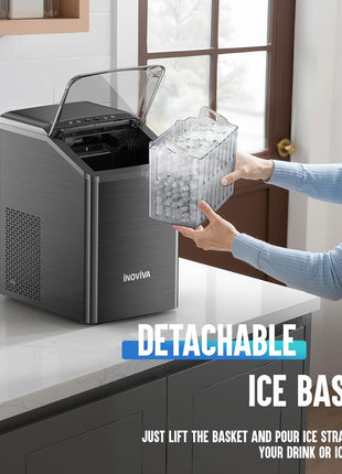 inoviva Nugget Ice Maker Countertop, 40lbs/24H Soft Chewable Pellet Ice Machine with Self-Cleaning, Sonic Ice Maker for Home Kitchen,Office - Black Stainless