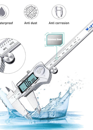 Kynup Digital Caliper 6 Inch Measuring Tool, Professional Stainless Steel Electronic Micrometer with Large LCD Screen, Vernier Caliper, Inch Metric Fraction Conversion, Auto-Off, IP54 Splash Proof
