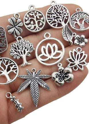 Youdiyla 100pcs Mix Silver Tree Flower Charms Collection, Bulk Mini Small Little Charms Metal Pendant Craft Supplies Findings for Necklace and Bracelet Jewelry Making (HM291)