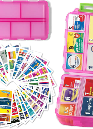 Pill Organizer with Medicine Labels Travel Daily Pill Container Mini Medication Organizer Storage Pill Organizer Travel Essentials Pill Case 7 Day (Pink & 161 Lables)