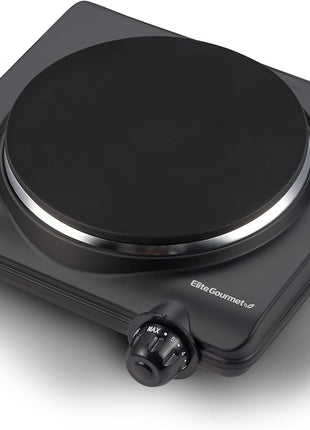 Elite Gourmet ESB 301BF# Countertop Single Cast Iron Burner, 1000 Watts Electric Hot Plate, Temperature Controls, Power Indicator Lights, Easy to Clean, Black