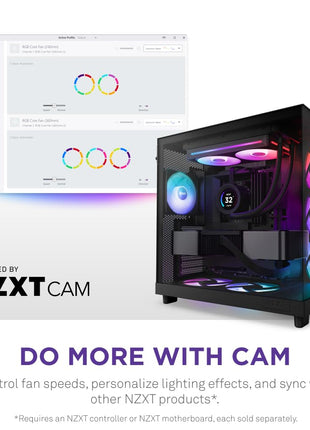 NZXT F240 RGB Core - 240mm Single-Frame RGB Fan Unit - Black | 240mm single-frame unit with two 120mm RGB fans on one cable. Speed and lighting controlled through CAM.