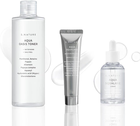 S.nature Hydrating Set, 3 Steps to Refined Pores, Lasting Hydration, Aqua Oasis Toner 300ml, Squalane Serum 50ml, Squalane Cream 60ml