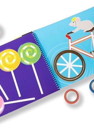 Melissa & Doug Tape Activity Book for Kids with 4 Easy-Tear Tape Rolls (Blue, Green, Red, Yellow) & 20 Reusable Scenes on Spiral-Bound Sheets, Road Trip Activities & Travel Toys for Kids Ages 4+