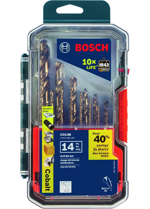 BOSCH CO14B 14-Piece Cobalt Drill Bit Set with Included Case - M42 Metal Drill Bits with Three-Flat Shank for Drilling Applications in Stainless Steel, Cast Iron, Titanium, and Light-Gauge Metal