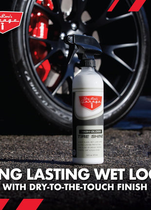 Jay Leno's Garage Tire Shine Delivers long-lasting High Gloss with a Deep Black Wet Look Glow. This Tire Dressing Spray and Car Tire Shine Work as Auto Detailing Care for Wheels and Tires – 16 oz.