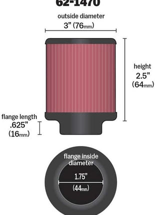 K&N Vent Air Filter/ Breather: High Performance, Premium, Washable, Replacement Engine Filter: Flange Diameter: 1.75 In, Filter Height: 2.5 In, Flange Length: 0.625 In, Shape: Breather, 62-1470