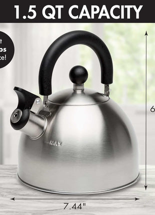 Primula Stewart Whistling Tea Kettle for Stovetop, Stainless Steel Stove Top Kettle with Fast Boil Whistling Spout and Cool Touch Folding Handle, 1.5-Quart, Brushed Silver with Black Handle