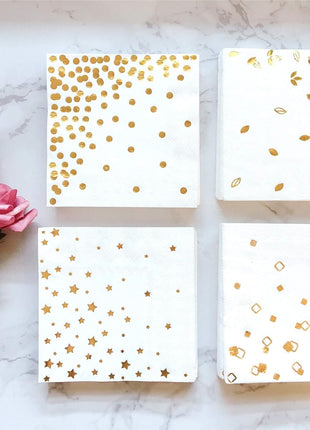 100 PK Gold Napkins - 4 Assorted Designs - 3-Ply Cocktail Napkins Folded 5 x 5 Inches Bar Napkins Disposable Party Napkins Paper Napkins Dinner for Wedding Baby Shower Birthday Graduation 2023