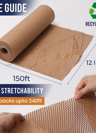 Honeycomb Packing Paper For Moving 12" x 150ft With Rope & Fragile Stickers | Eco Friendly Shipping & Moving Paper Wrap For Packing Dishes | Bubble Wrap & Packing Materials Certified FSC C204227