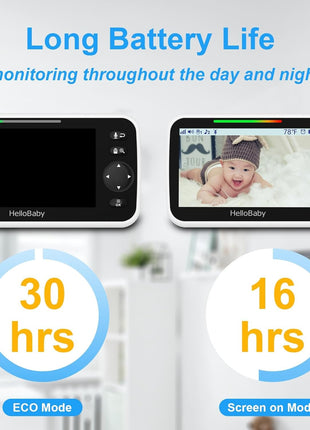 HelloBaby Upgrade 5'' Baby Monitor with 30-Hour Battery, 2 Cameras Pan-Tilt-Zoom, 1000ft Range Video Audio Baby Monitor No WiFi, VOX, Night Vision, 2-Way Talk, 8 Lullabies and Temperature