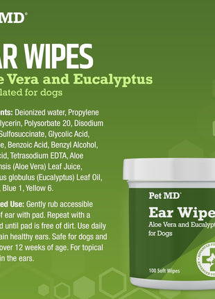 Pet MD - Dog Ear Cleaner Wipes - Otic Cleanser for Dogs to Stop Ear Itching, and Infections with Aloe and Eucalyptus - 100 Count