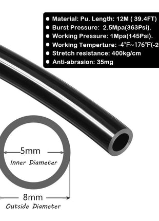 Beduan 8mm x 5mm Black Pneumatic Tubing Pipe PU Polyurethane Air Compressor Tubing Hose Pipe Line Fluid Transfer 39.4ft 12 Meter