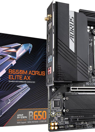 GIGABYTE B650M AORUS Elite AX AMD AM5 mATX Motherboard, Support Ryzen 9000/8000/7000 Series, DDR5, 12+2+2 Power Phase, PCIe 5.0 M.2, USB-C 3.2 Gen 2, WIFI6E, 2.5GbE, EZ-Latch, Q-Flash, RGB Fusion