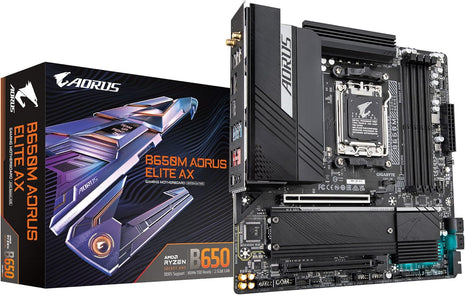 GIGABYTE B650M AORUS Elite AX AMD AM5 mATX Motherboard, Support Ryzen 9000/8000/7000 Series, DDR5, 12+2+2 Power Phase, PCIe 5.0 M.2, USB-C 3.2 Gen 2, WIFI6E, 2.5GbE, EZ-Latch, Q-Flash, RGB Fusion